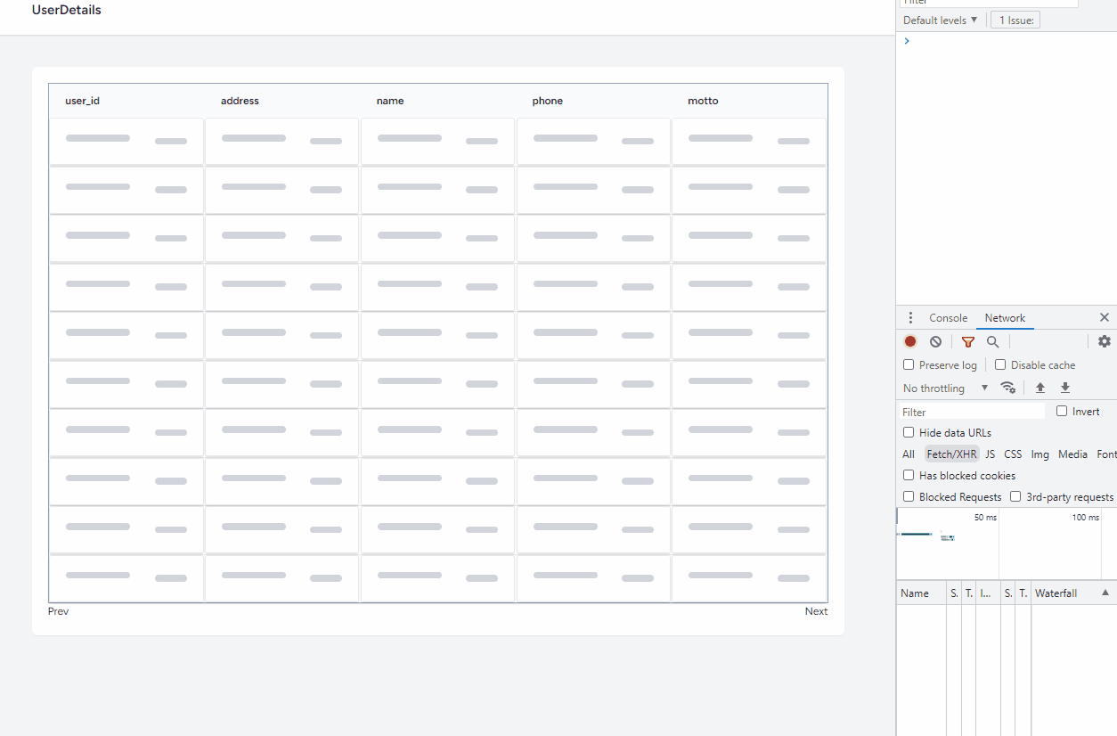 A gif of a table containing user details. The table initially shows the first page, containing rows from 1 to 10. Clicking on the "Next" button shows the second page, and in the background triggers a call to the server.
After the call to the server two logs is shown on the browser console. The first an array of 30 items. The second a string: "Total Rows: 60".
Clicking on the "Back" button moves back to the previous page containing rows 1 to 10, but it does not trigger a call to the server.
Clicking on the "Next" button again moves to the second page, rendering rows 11 to 20, and making another background call to the server to retrieve more data allowance. The console message displays: "Total Rows: 90"