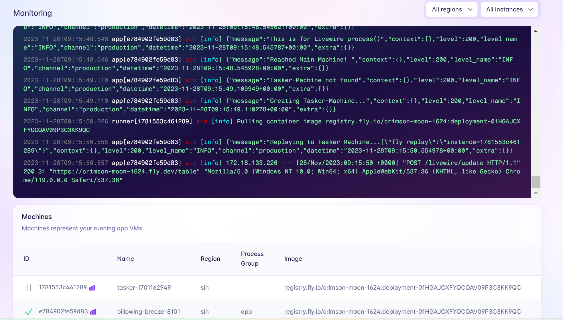 Logs are shown in the screenshot with the following flow:
It detects that the request is for the process() method, while the request was received in the main Fly Machine.
So the middleware creates a new Machine to handle the request, and sends a fly-replay response to replay request to the newly created Machine.