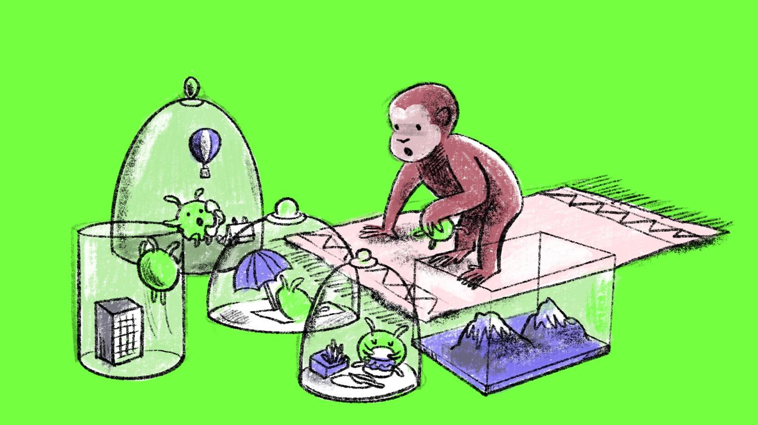 Illustration of a curious monkey examining a collection of Sprites kept under glass jars and in terrariums